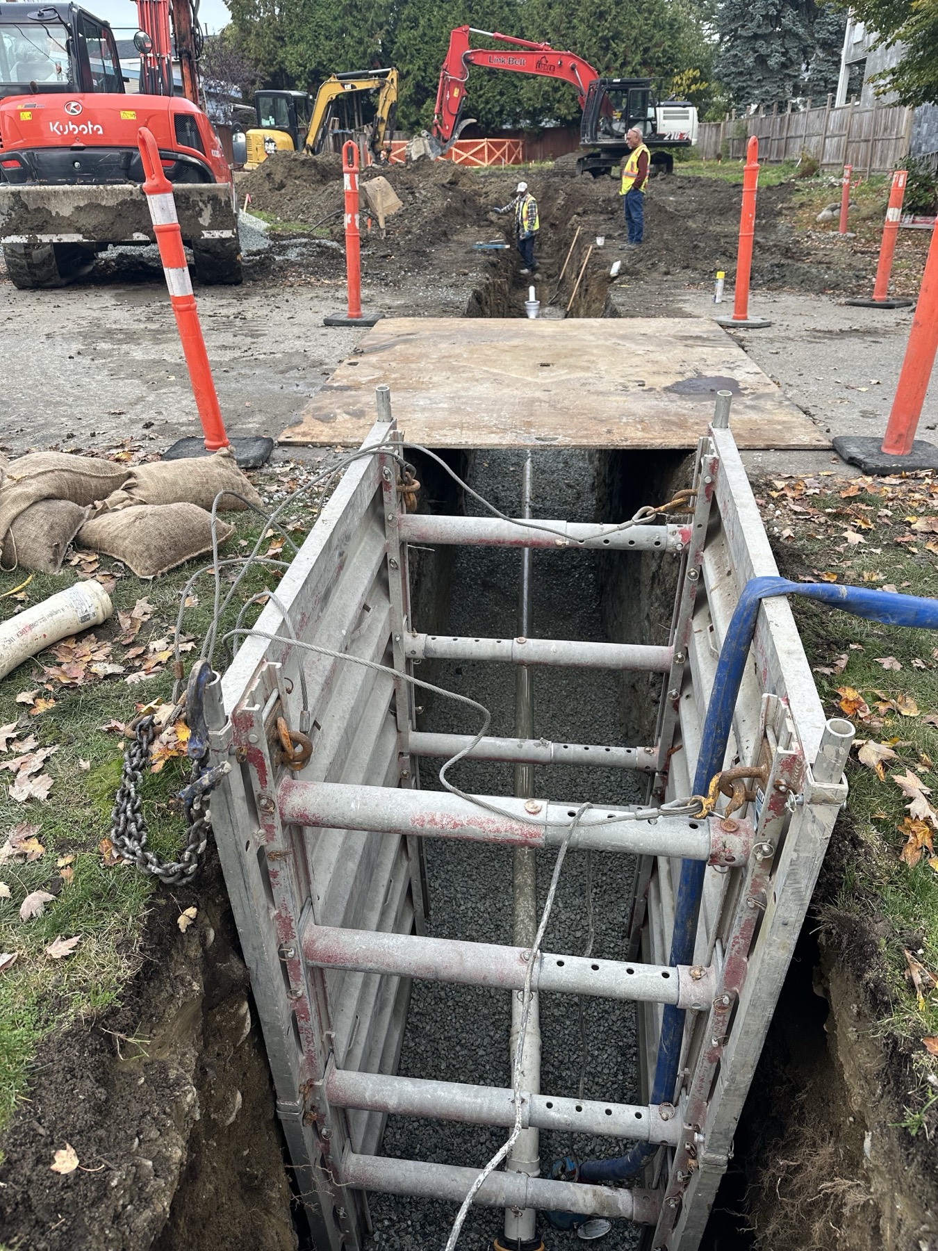 A shored excavation with a trench box