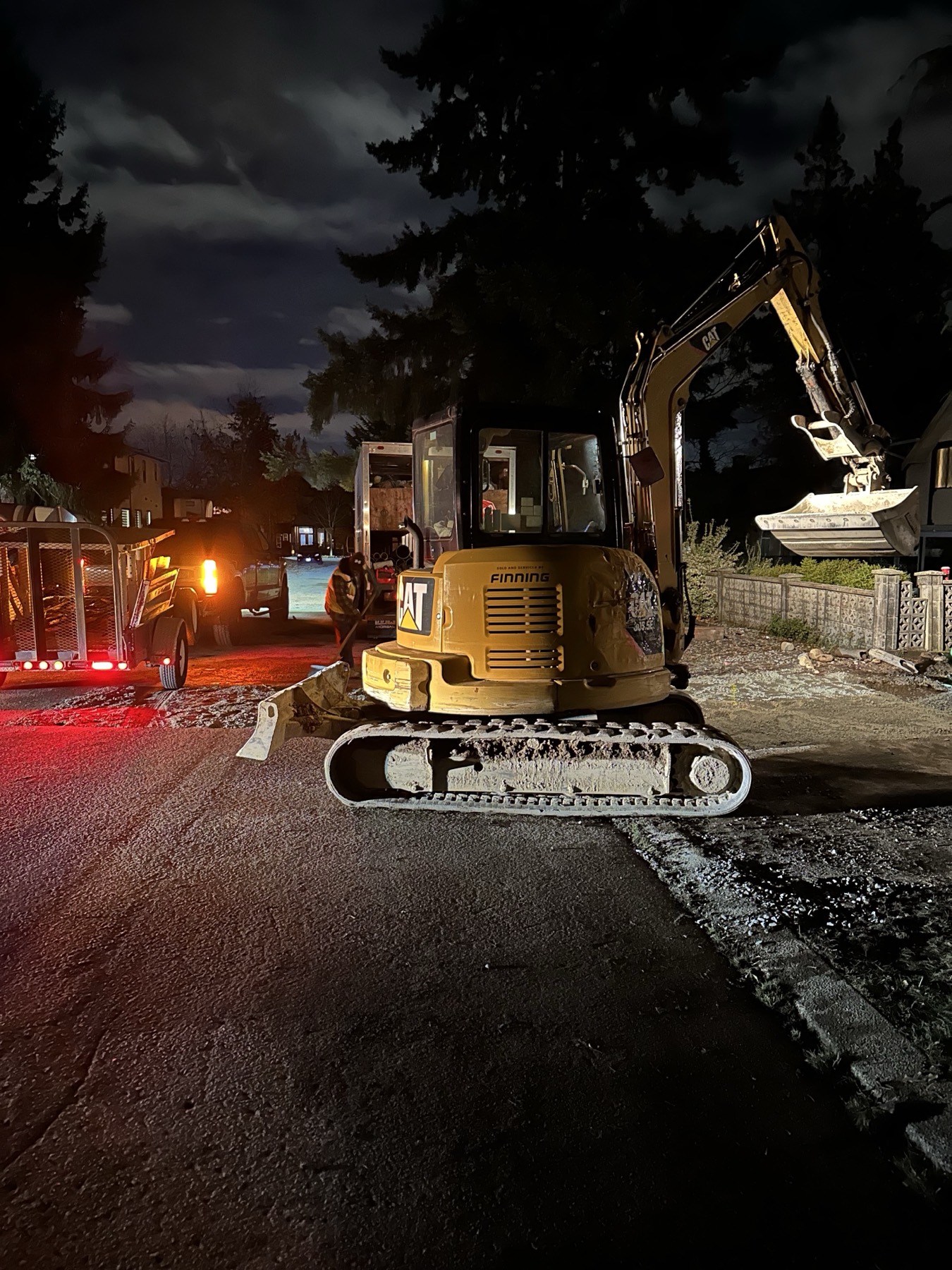 Night excavation work under lights